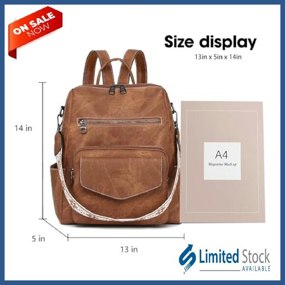 Leather Backpack Purse for Women, Convertible Shoulder Bag, 8 Pockets, Travel
